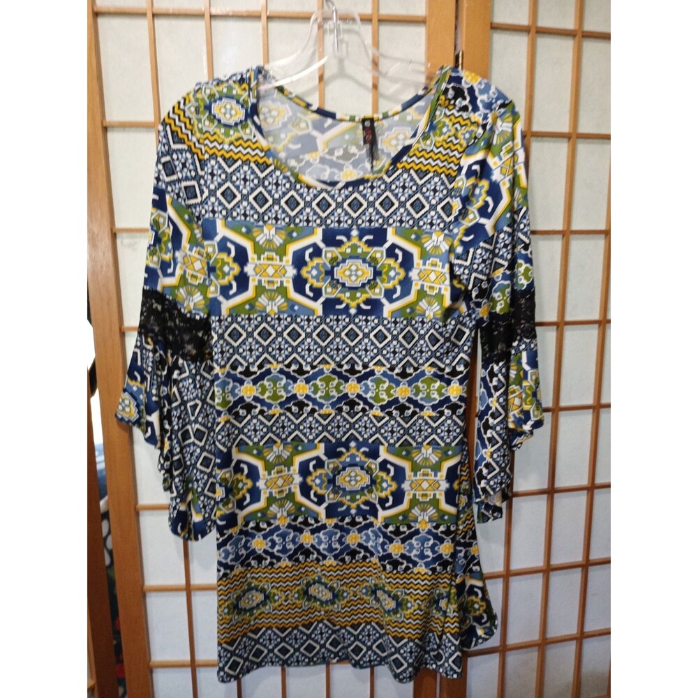 Vision USA Womens Medium Boho Geometric Tunic Top 3/4 Bell Lace Sleeve Blue